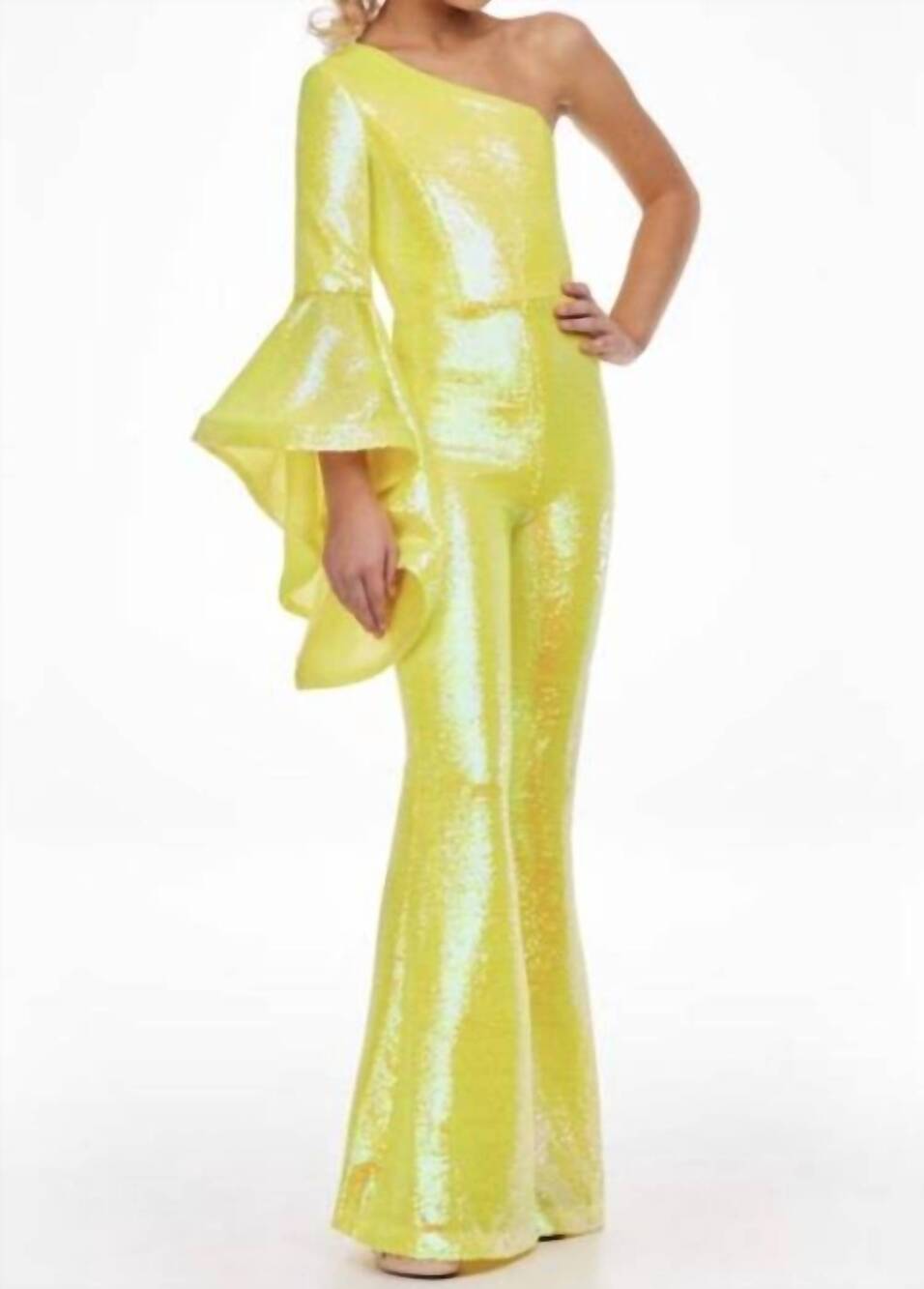 NEW ASHLEYLAUREN girl's one shoulder jumpsuit with bell sleeve in neon green